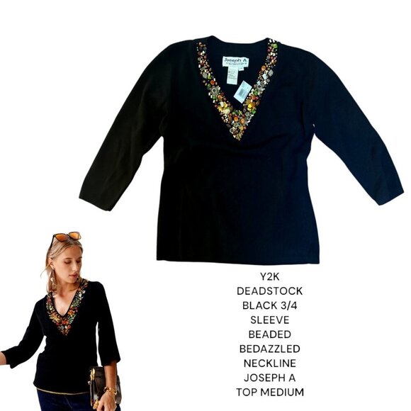Y2K VTG. DEADSTOCK BEJEWELED NECKLINE JOSEPH A 3/4 SLEEVE TOP M NWT‎ - Picture 1 of 6